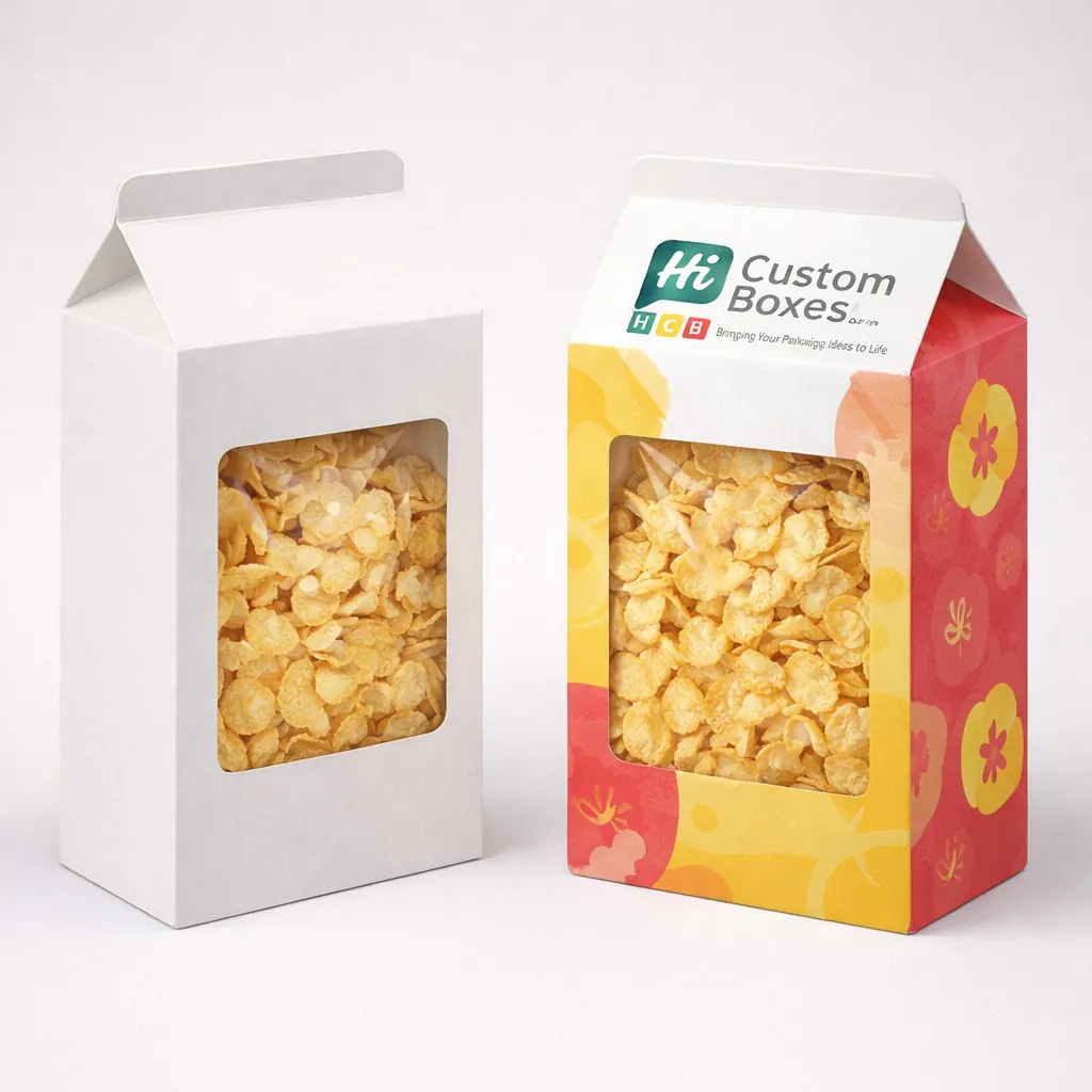 Gable top white and colourful cereal boxes featuring a transparent window to showcase fresh corn flakes. class=
